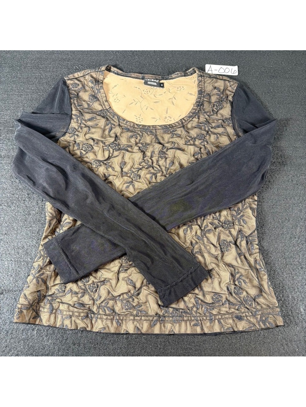 Tribal Women S Black Brown Floral Mesh Ruched Long Sleeve Top Sheer Y2K